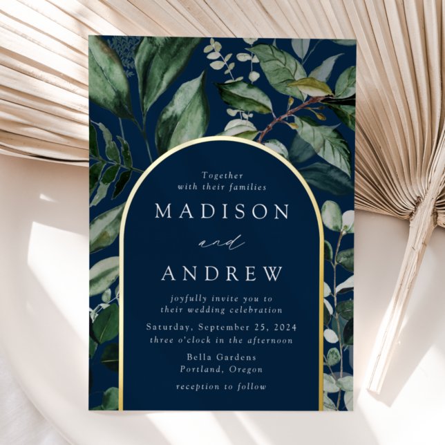 Abundant Greenery Navy Arch Frame Wedding Foil Invitation (Creator Uploaded)