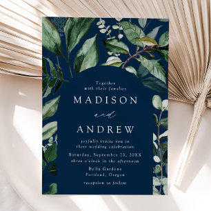 Abundant Greenery Navy Arch Frame Wedding Invitation
