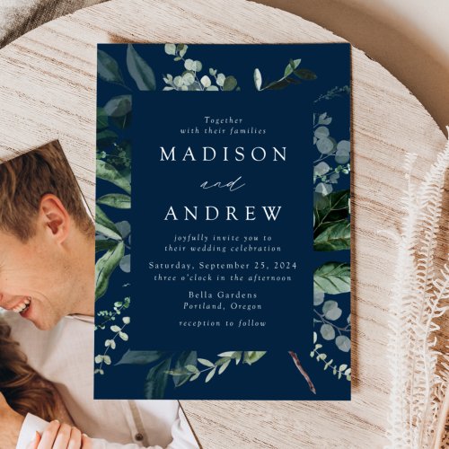 Abundant Greenery Navy Photo Wedding Invitation