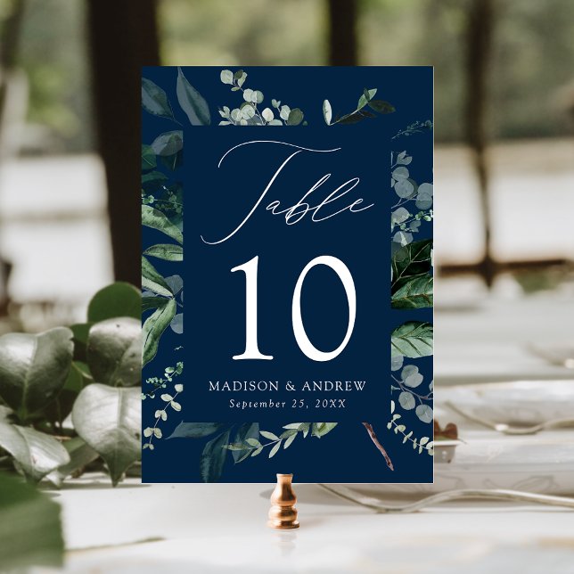 Abundant Greenery Navy Table Number Card (Creator Uploaded)