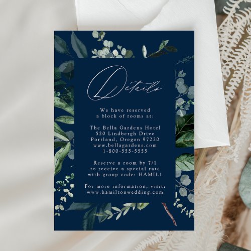 Abundant Greenery Navy Wedding Details Enclosure Card