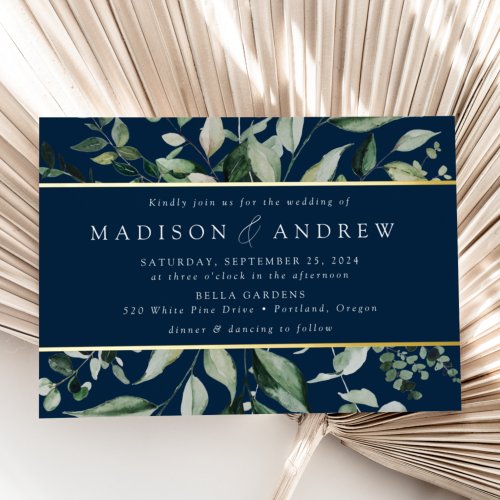 Abundant Greenery Navy Wedding Gold Foil Invitation