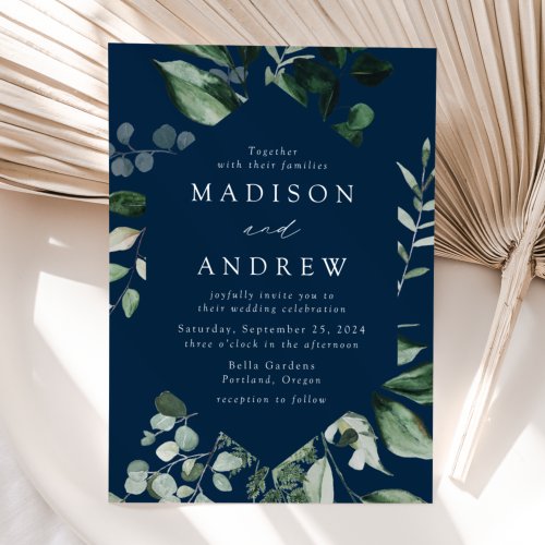 Abundant Greenery Navy Wedding Invitation