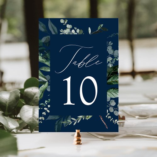 Abundant Greenery Navy Wedding Table Number Card