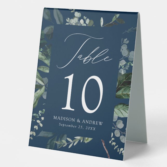 Abundant Greenery Navy Wedding Table Number Table Tent (Front)