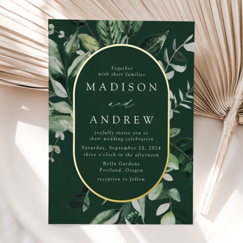 Abundant Greenery Oval Wedding Gold Foil Invitation