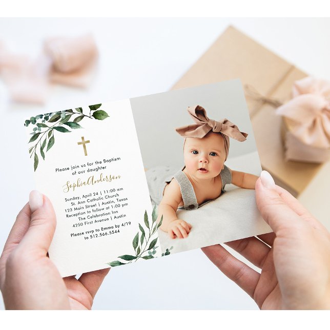 Abundant Greenery | Photo and Gold Cross Baptism Invitation (Creator Uploaded)
