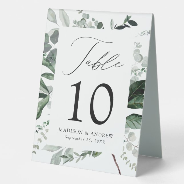Abundant Greenery Wedding Table Number Table Tent (Front)