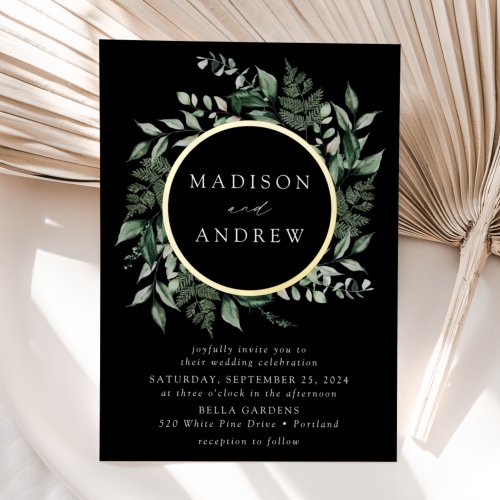 Abundant Greenery Wreath Black Wedding Gold Foil Invitation