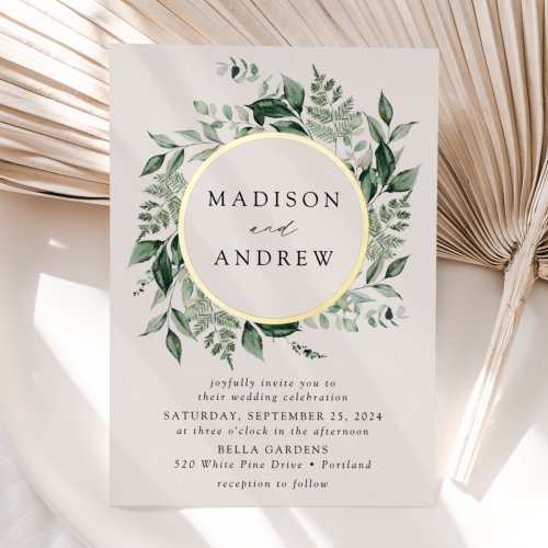 Abundant Greenery Wreath Cream Wedding Gold Foil Invitation