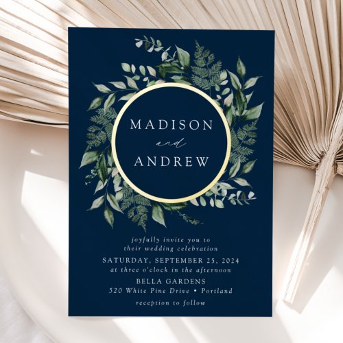 Abundant Greenery Wreath Navy Wedding Gold Foil Invitation
