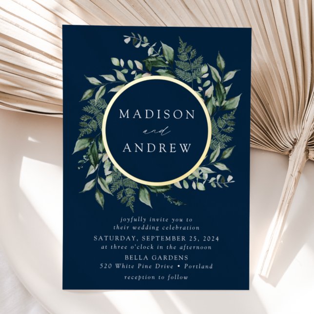 Abundant Greenery Wreath Navy Wedding Gold Foil Invitation (Creator Uploaded)