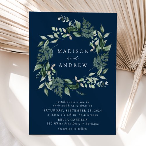 Abundant Greenery Wreath Navy Wedding Invitation