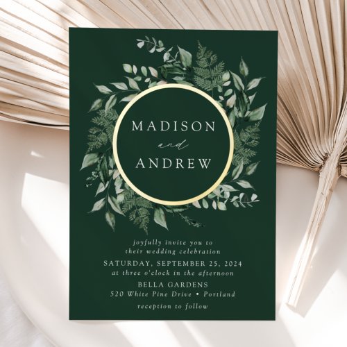 Abundant Greenery Wreath Wedding Gold Foil Invitation
