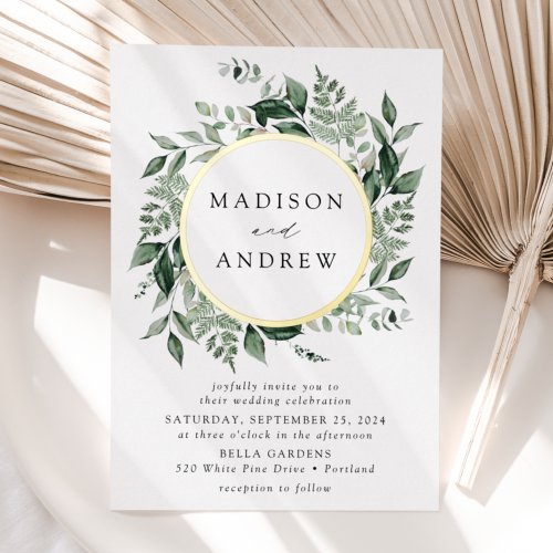 Abundant Greenery Wreath Wedding Gold Foil Invitation