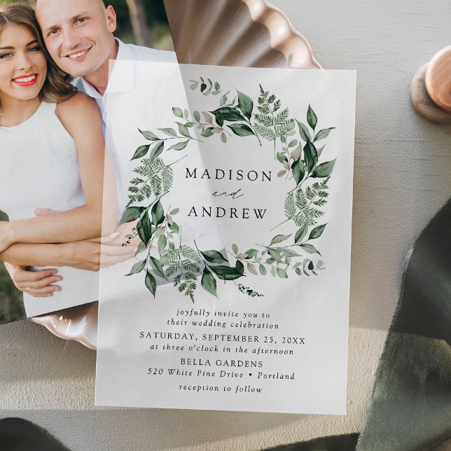 Abundant Greenery Wreath Wedding Vellum Invitations (Creator Uploaded)