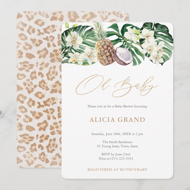 Abundant Jungle Plants Leopard Print Baby Shower Invitation (Front/Back)