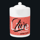 ABUNDANT LIFE Christian Inspirational Faith Coral Teapot<br><div class="desc">Enjoy your hot drink a little bit more in an elegantly styled Scripture coffee mug, which includes a monogram and the popular Scripture reference for 'Life more abundantly'. Inspirational call to action to LIVE ABUNDANTLY - a great reminder when you're pausing for a cuppa. Background has 'Abundant Life' in tiled...</div>