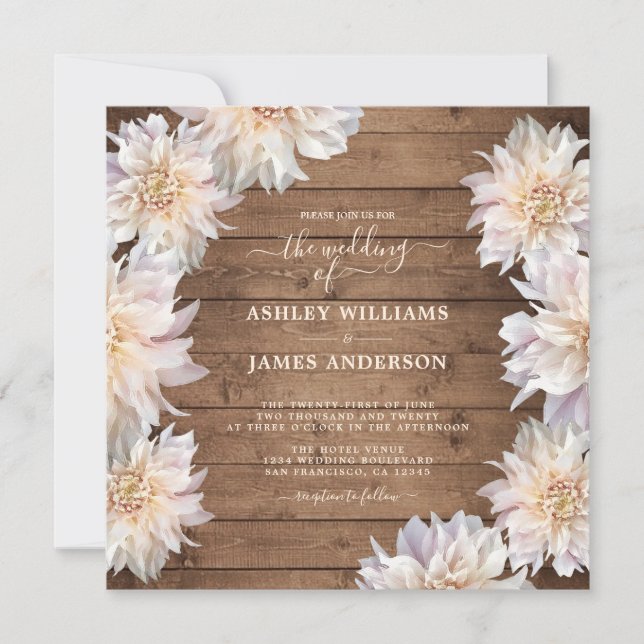 Abundant Pink Dahlia Flower Rustic Wood Wedding Invitation (Front)