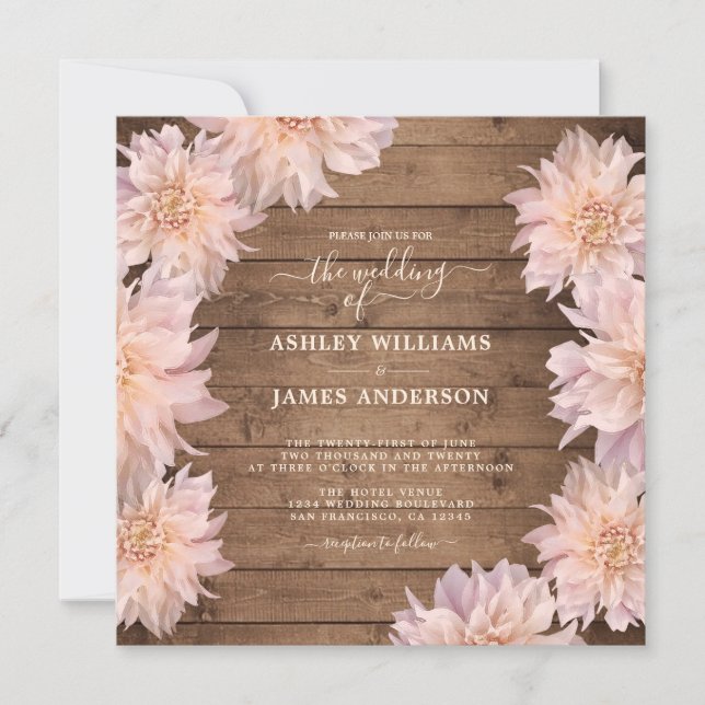 Abundant Pink Dahlia Flower Rustic Wood Wedding Invitation (Front)