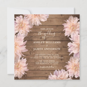 Abundant Pink Dahlia Flower Rustic Wood Wedding Invitation