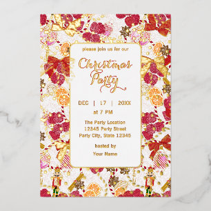 Abundant Red Lychee Botanical Nutcracker Christmas Foil Invitation