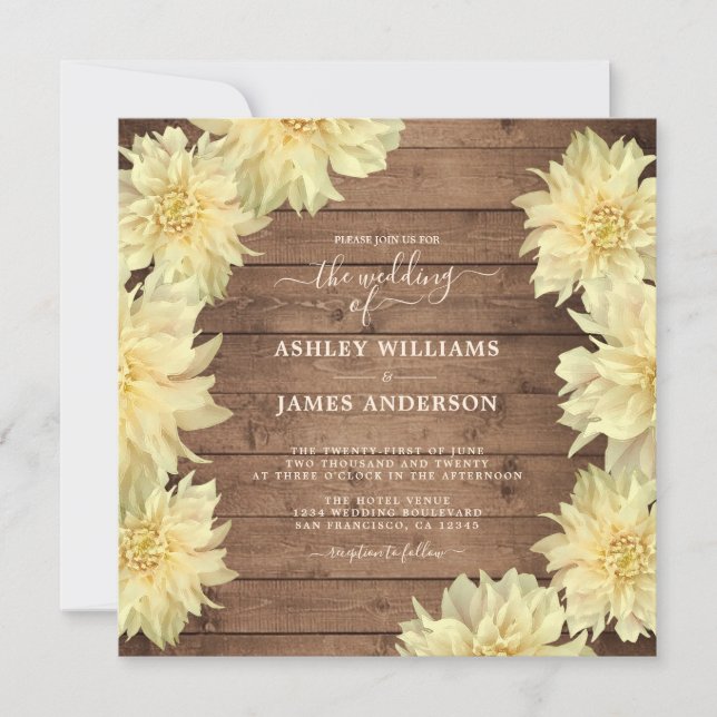 Abundant Yellow Dahlia Flower Rustic Wood Wedding Invitation (Front)