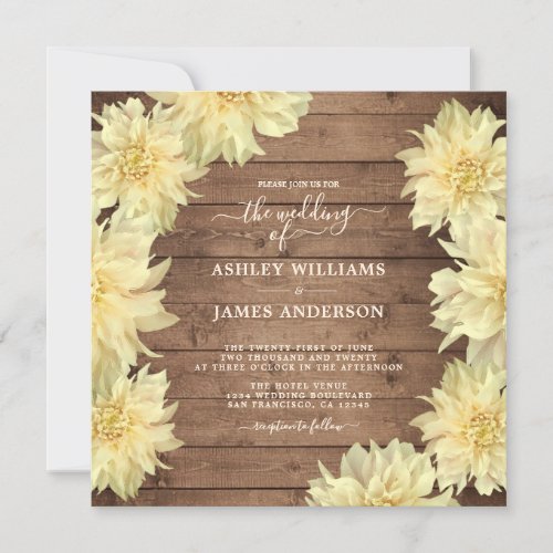 Abundant Yellow Dahlia Flower Rustic Wood Wedding Invitation