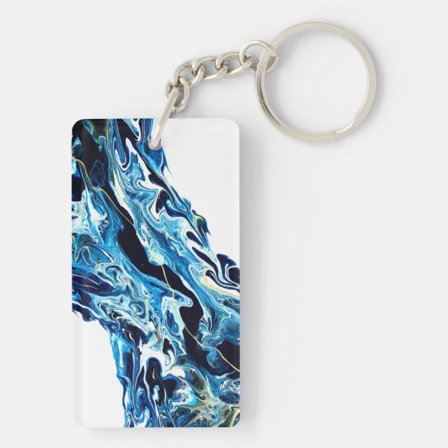 Abyss Abstract Navy Blue Gold White Fluid Art Keychain (Back)