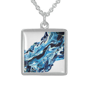 Abyss Abstract Navy Blue Gold White Fluid Art Sterling Silver Necklace