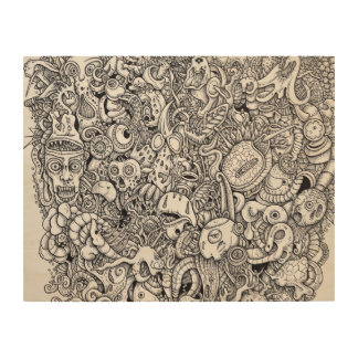 Abyssal Anarchy: Doodled Ocean Overload Wood Wall Art