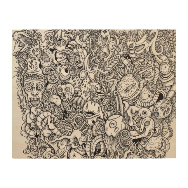 Abyssal Anarchy: Doodled Ocean Overload Wood Wall Art (Front)