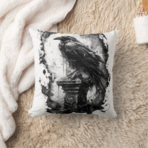 Abyssal Gaze Heavy Metal Raven Skull Throw Pillow