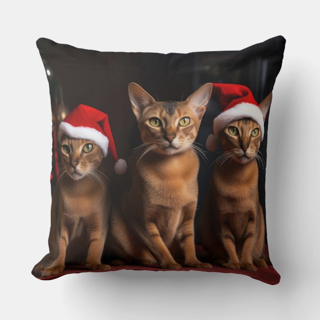 Abyssinian by the Fireplace Christmas Throw Pillow (Front)