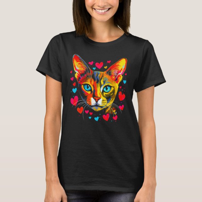 Abyssinian Cat Blue Pink Red Heart T-Shirt (Front)