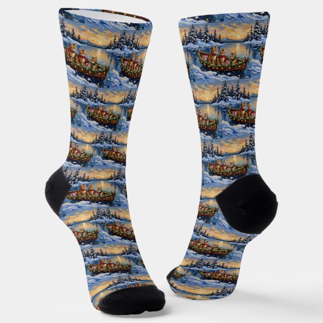 Abyssinian Cat Christmas Boat Holiday Socks (Angled)
