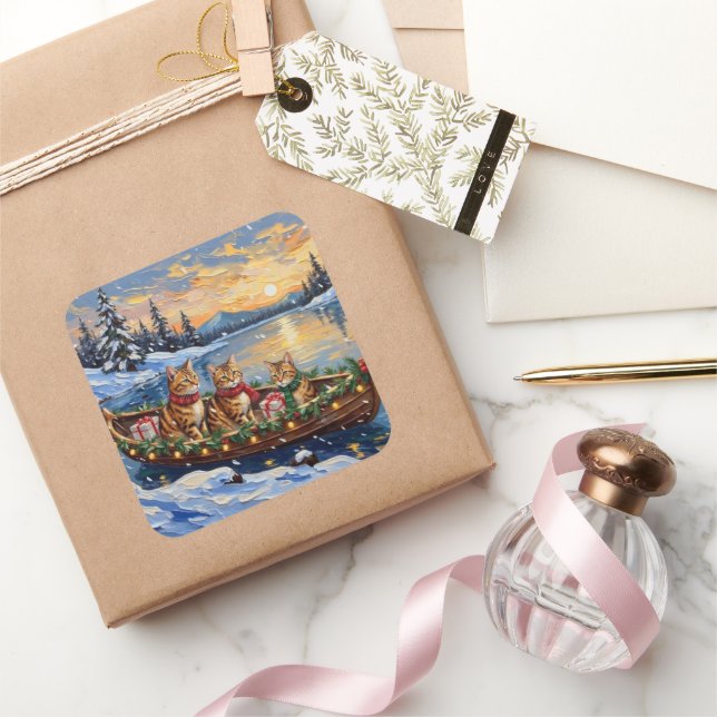 Abyssinian Cat Christmas Boat Holiday Square Sticker (Gifting)