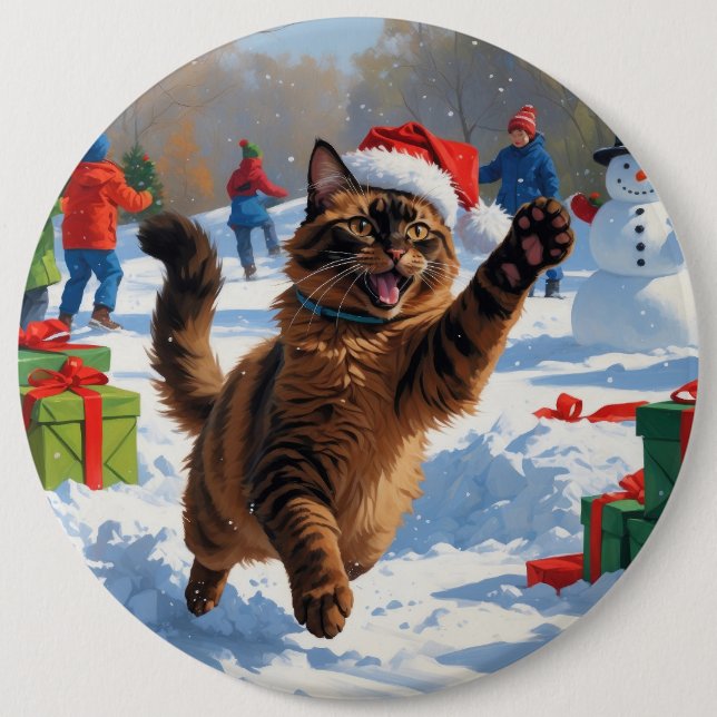 Abyssinian Cat Christmas Festive Snow Scene Button (Front)