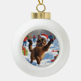 Abyssinian Cat Christmas Festive Snow Scene Ceramic Ball Christmas Ornament