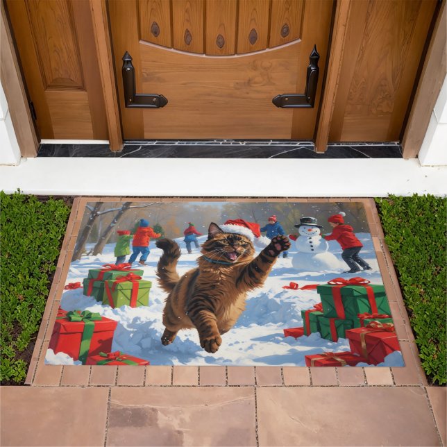 Abyssinian Cat Christmas Festive Snow Scene Doormat (Outdoor)