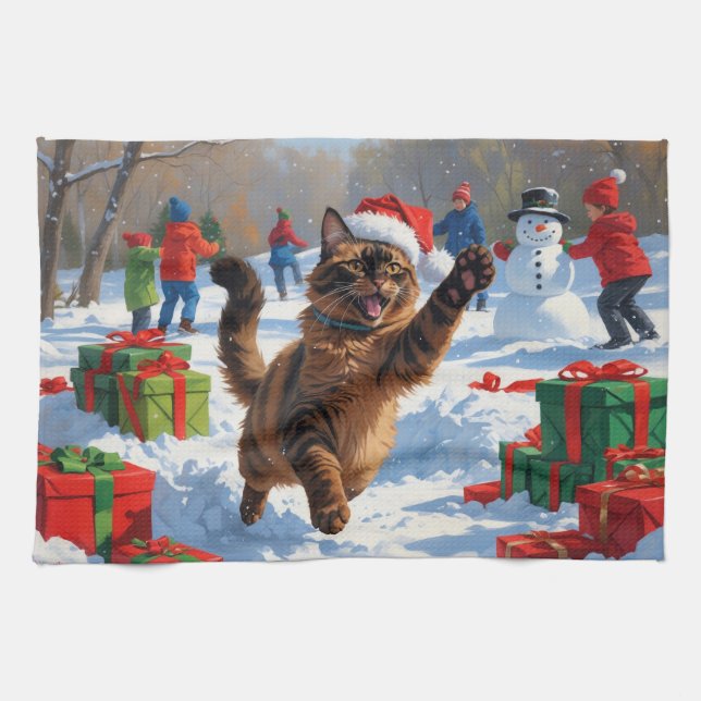 Abyssinian Cat Christmas Festive Snow Scene Kitchen Towel (Horizontal)