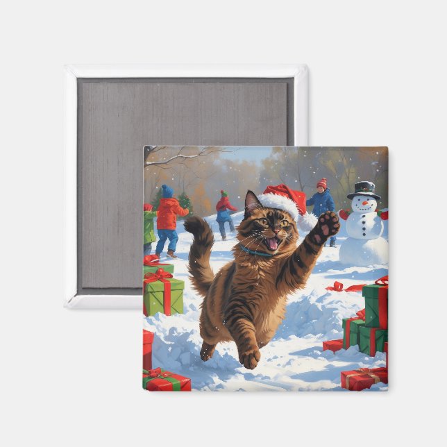 Abyssinian Cat Christmas Festive Snow Scene Magnet (Front/Back)