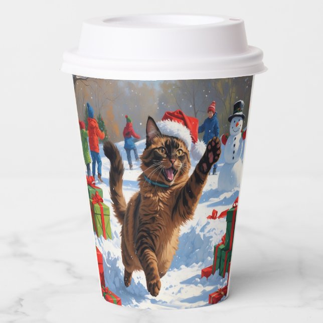 Abyssinian Cat Christmas Festive Snow Scene Paper Cups (Front)