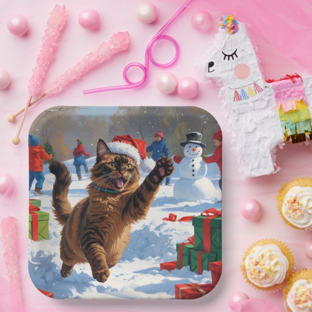 Abyssinian Cat Christmas Festive Snow Scene Paper Plates (Party)