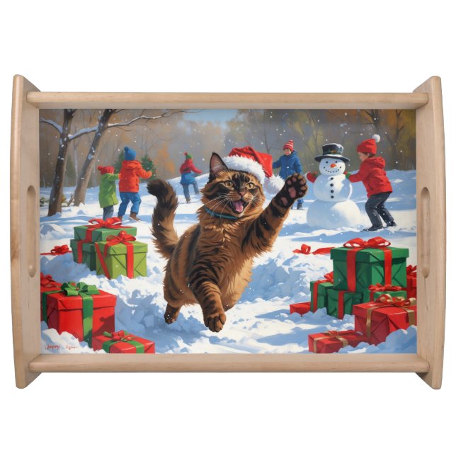 Abyssinian Cat Christmas Festive Snow Scene Serving Tray (Front)