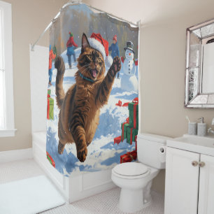Abyssinian Cat Christmas Festive Snow Scene Shower Curtain