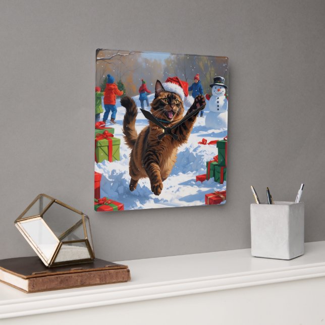 Abyssinian Cat Christmas Festive Snow Scene Square Wall Clock (Office)