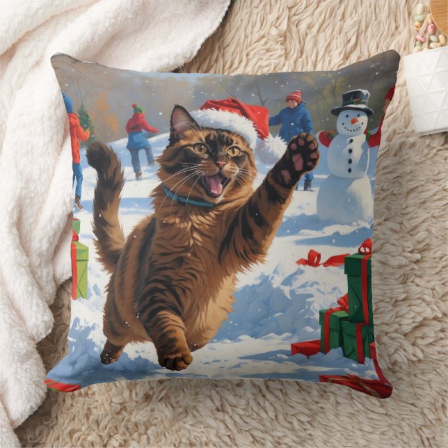 Abyssinian Cat Christmas Festive Snow Scene Throw Pillow (Blanket)