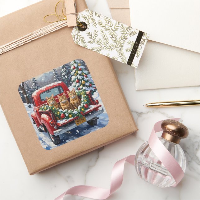 Abyssinian Cat Christmas Red Truck Holiday Square Sticker (Gifting)