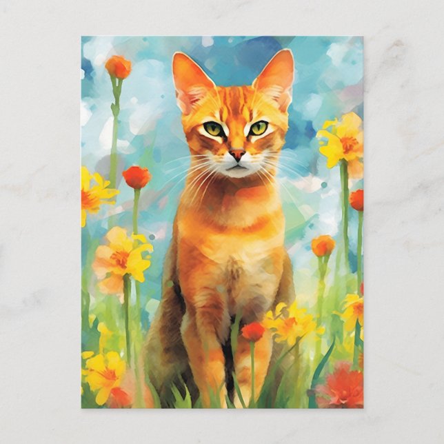 Abyssinian cat colorful watercolor artwork postcard (Front)
